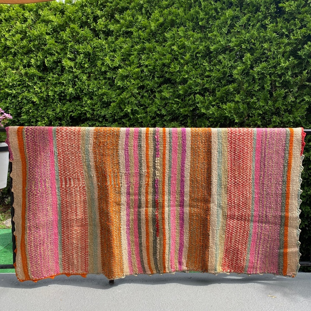 Multicolors Peruvian Vintage FRAZADA Rug/Blanket/Upholstery/Ethnic Tapestry